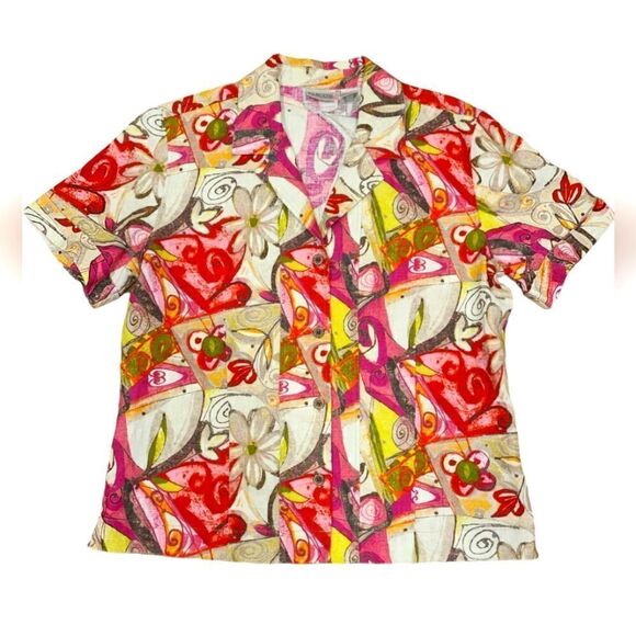 Chicos 100% Linen Button Front Floral Abstract Top, Wood Buttons | 2-M-12 - Picture 1 of 9